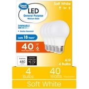 Great Value A19 LED 6W 40W Equivalent Soft White E26 Medium Base General Purpose Light Bulbs, Dimmable, 4 Pack
