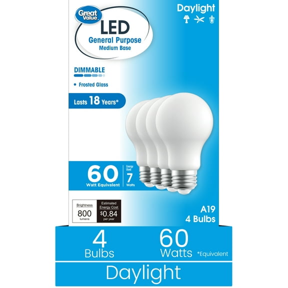 Great Value 18YR A19 LED Light Bulb, 7W (60W Equivalent) Dimmable Daylight E26 Medium Base (4 Pack)