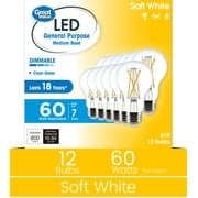Great Value 18YR A19 LED Light Bulb, 7W (60W Equivalent) Dimmable Soft White E26 Base, 12 Pack