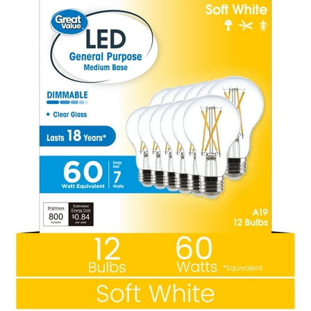 Great Value 18YR A19 LED Light Bulb, 7W (60W Equivalent) Dimmable Soft White E26 Base, 12 Pack