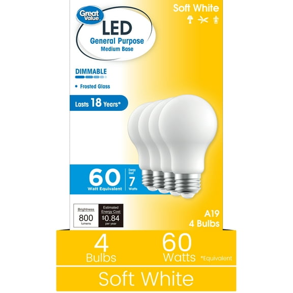 Great Value 18YR A19 LED Light Bulb, 7W (60W Equivalent) Dimmable Soft White E26 Base (4 Pack)