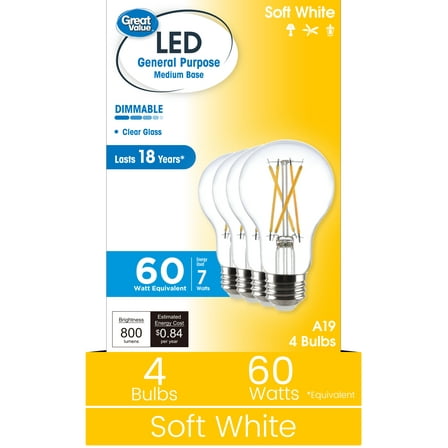 Great Value 18YR A19 LED Light Bulb, 7W (60W Equivalent) Dimmable Soft White E26 Base, 4 Pack