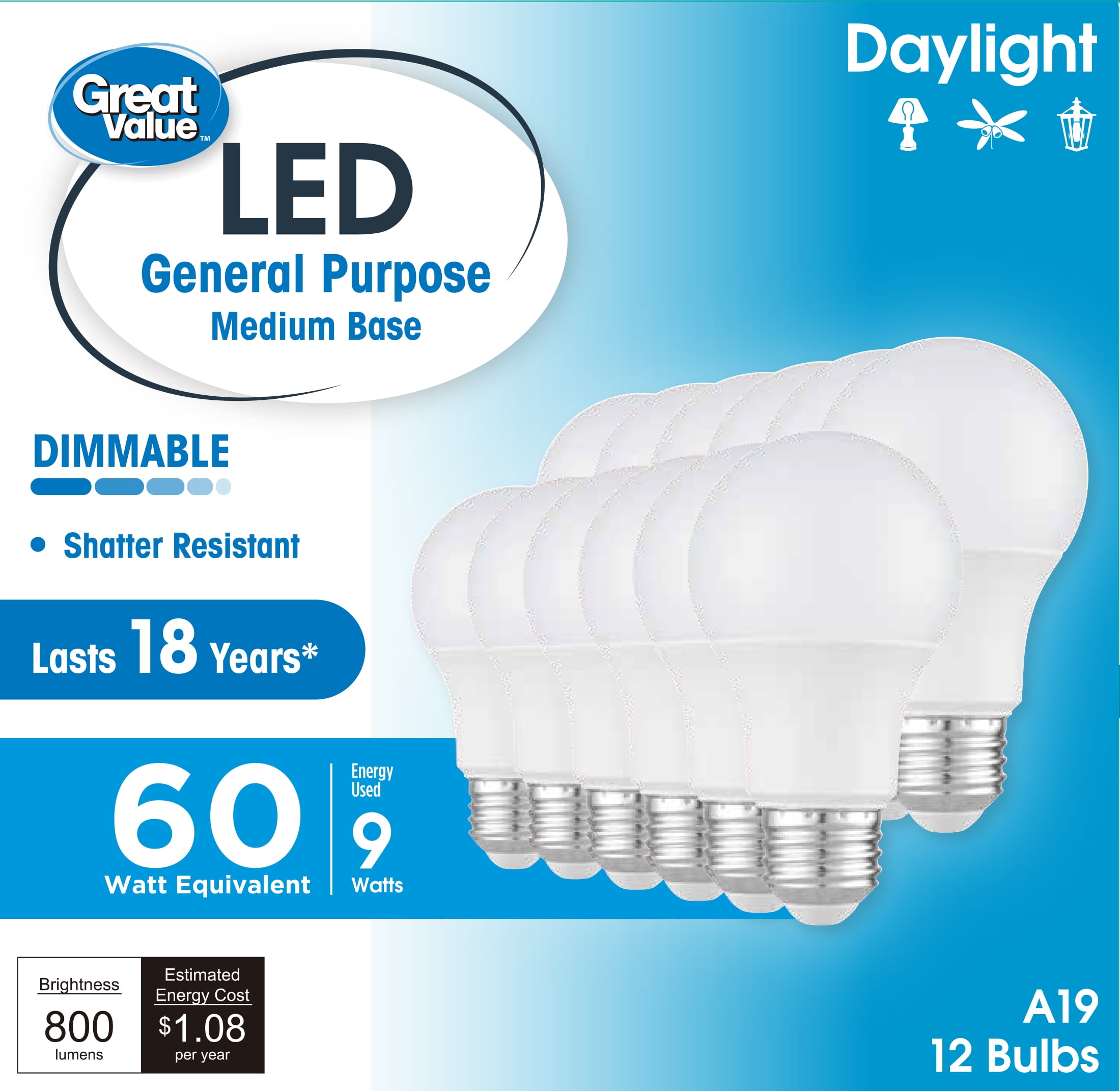 Great Value 18YR A19 LED Light Bulb, 9W (60W Equivalent) Dimmable Daylight E26 Medium Base, 12 Pack