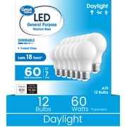 Great Value 18YR A19 LED Light Bulb, 9W (60W Equivalent) Dimmable Daylight E26 Medium Base, 12 Pack