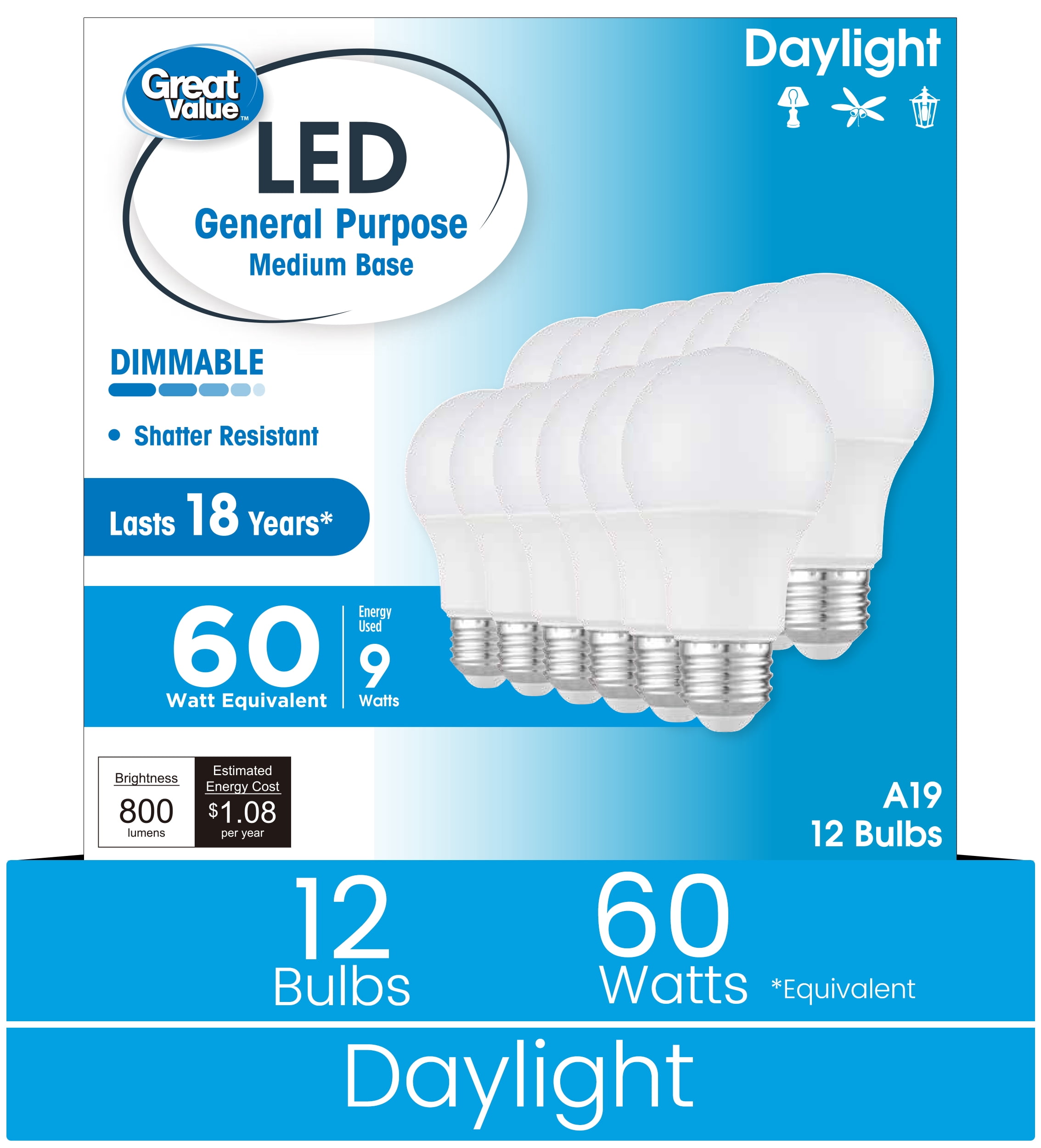 Great Value A19 LED Light Bulb, 9W, 60W Equivalent, 800 Lumens, 5000K Daylight, Dimmable, E26 Medium Base, 12 Pack