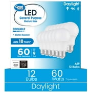 Great Value 18YR A19 LED Light Bulb, 9W (60W Equivalent) Dimmable Daylight E26 Medium Base, 12 Pack