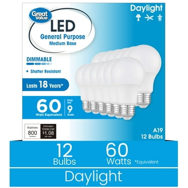 Great Value 18YR A19 LED Light Bulb, 9W (60W Equivalent) Dimmable Daylight E26 Medium Base, 12 Pack