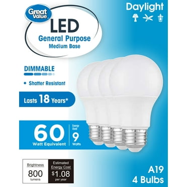 Great Value 18YR A19 LED Light Bulb, 9W (60W Equivalent) Dimmable Daylight E26 Medium Base, 4 Pack