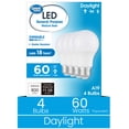 thumbnail image 1 of Great Value 18YR A19 LED Light Bulb, 9W (60W Equivalent) Dimmable Daylight E26 Medium Base, 4 Pack, 1 of 13