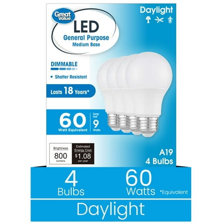 Great Value 18YR A19 LED Light Bulb, 9W (60W Equivalent) Dimmable Daylight E26 Medium Base, 4 Pack