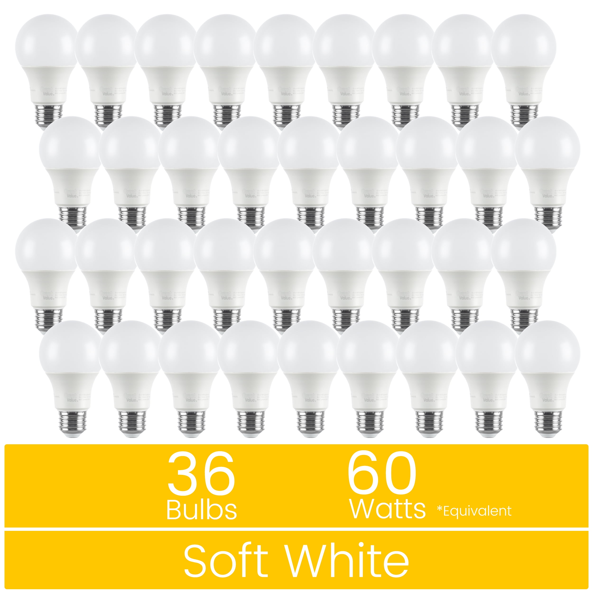 Great Value A19 LED Light Bulb, 9W (60W Equivalent) Dimmable Soft White E26 Base (36 Pack)