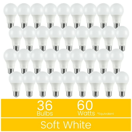 Great Value A19 LED Light Bulb, 9W (60W Equivalent) Dimmable Soft White E26 Base (36 Pack)