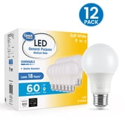 Great Value A19 LED General Purpose Light Bulbs, 9W 60W Equivalent, Soft White, E26 Medium Base, Dimmable, 12 Pack