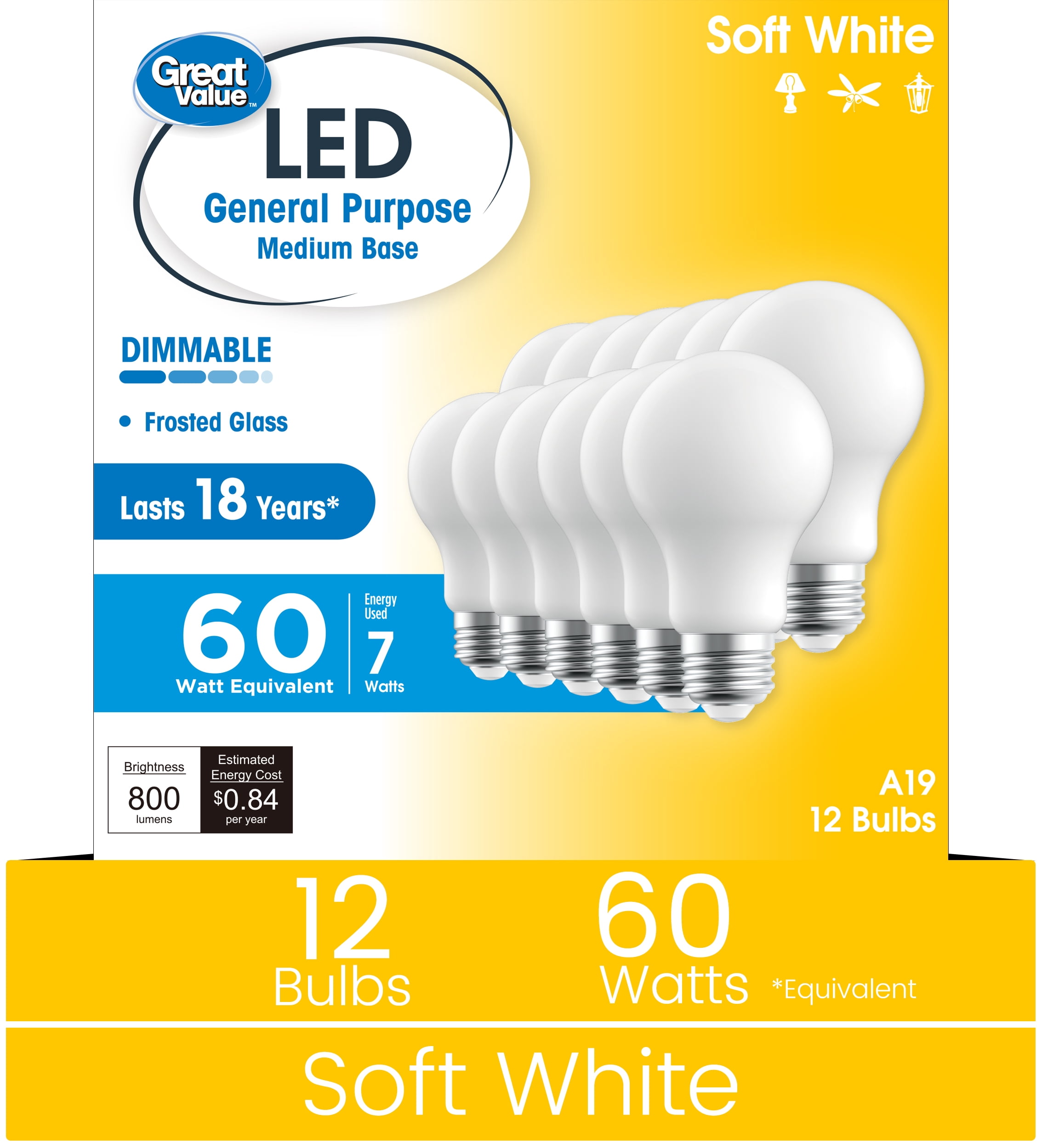 Great Value 18YR A19 LED Light Bulb, 9W (60W Equivalent) Dimmable Soft White E26 Medium Base, 12 Pack - Walmart.com