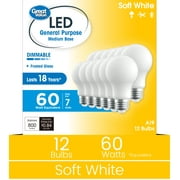 Great Value 18YR A19 LED Light Bulb, 9W (60W Equivalent) Dimmable Soft White E26 Medium Base, 12 Pack