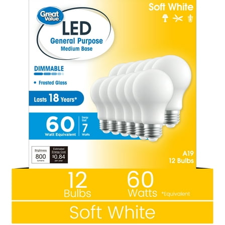 Great Value 18YR A19 LED Light Bulb, 9W (60W Equivalent) Dimmable Soft White E26 Medium Base, 12 Pack