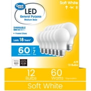 Great Value A19 LED Light Bulbs, 7W 60W Equivalent, Soft White, E26 Medium Base, Dimmable, 12 Pack