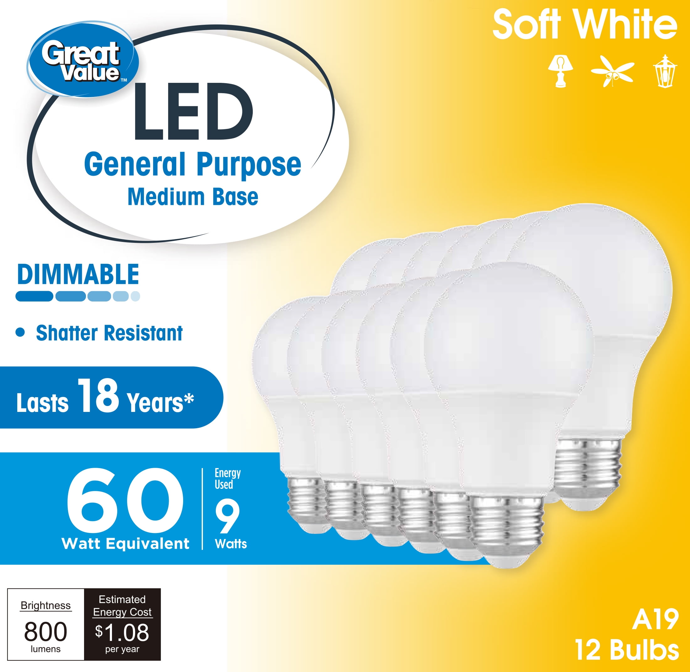 Great Value A19 LED 9W (60W Equivalent) Soft White E26 Medium Base General Purpose Light Bulbs, Dimmable, 12 Pack