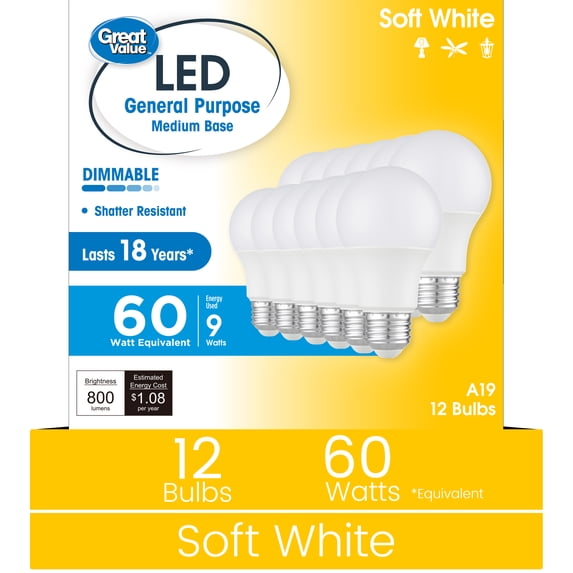 Great Value A19 LED 9W (60W Equivalent) Soft White E26 Medium Base General Purpose Light Bulbs, Dimmable, 12 Pack