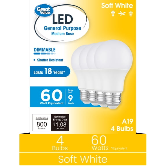 Great Value 18YR A19 LED Light Bulb, 9W (60W Equivalent) Dimmable Soft White E26 Medium Base, 4 Pack