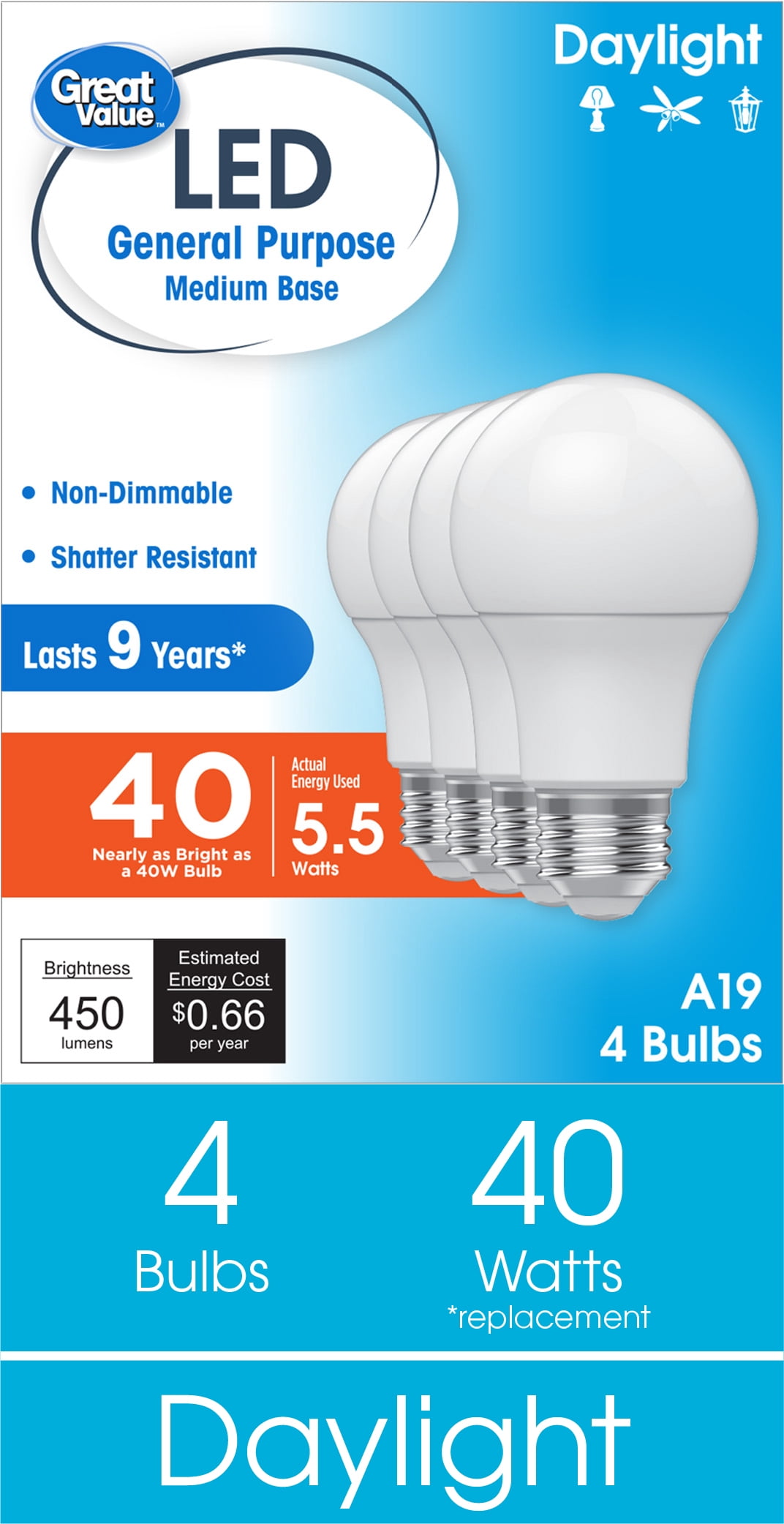 Great Value A19 LED Light Bulbs, 40W Equivalent, Daylight, General Purpose, 9 Year, Medium Base, 4 Pack