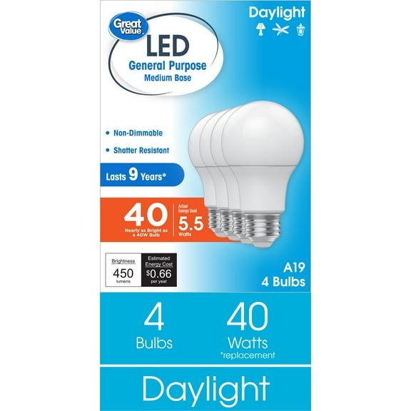 Great Value A19 LED Light Bulbs, 40 Watts Eqv, Daylight, General Purpose, 9 Year, Medium Base, 4 Pack