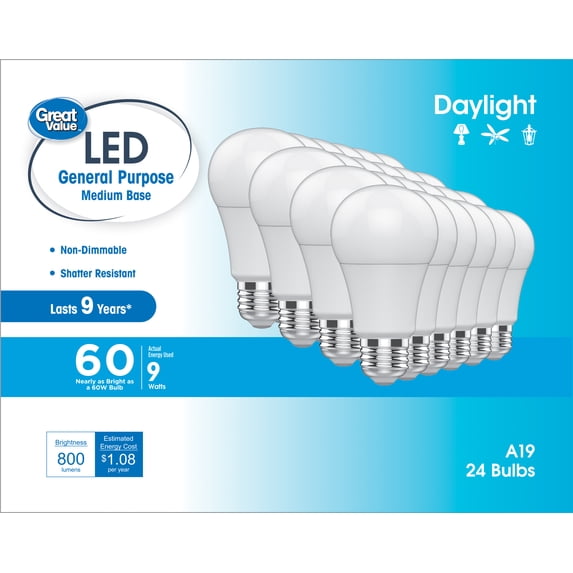 Great Value A19 LED Light Bulbs, 60 Watts Eqv, Daylight, General Purpose, 9yr, Medium Base, 24 pack