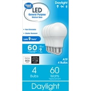 Great Value A19 LED Light Bulbs, 60 Watts Eqv, Daylight, General Purpose, 9yr, Medium Base, 4 pack