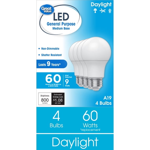 Great Value A19 LED Light Bulbs, 60 Watts Eqv, Daylight, General Purpose, 9yr, Medium Base, 4 pack