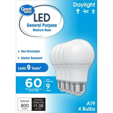 Great Value A19 LED Light Bulbs, 60 Watts Eqv, Daylight, General Purpose, 9yr, Medium Base, 4pk