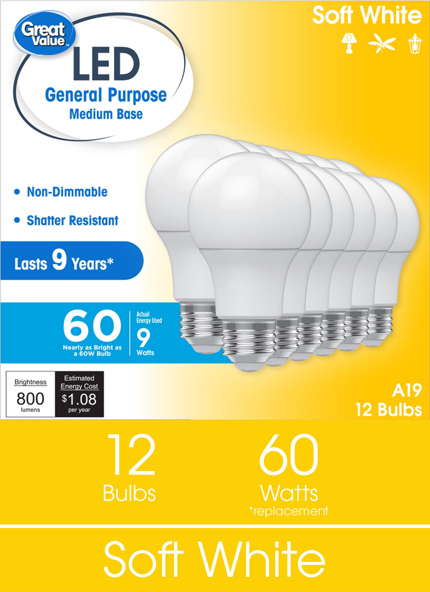Great Value A19 LED Light Bulbs, 60 Watts Eqv, Soft White, General Purpose, 9yr, Medium Base, 12 pack