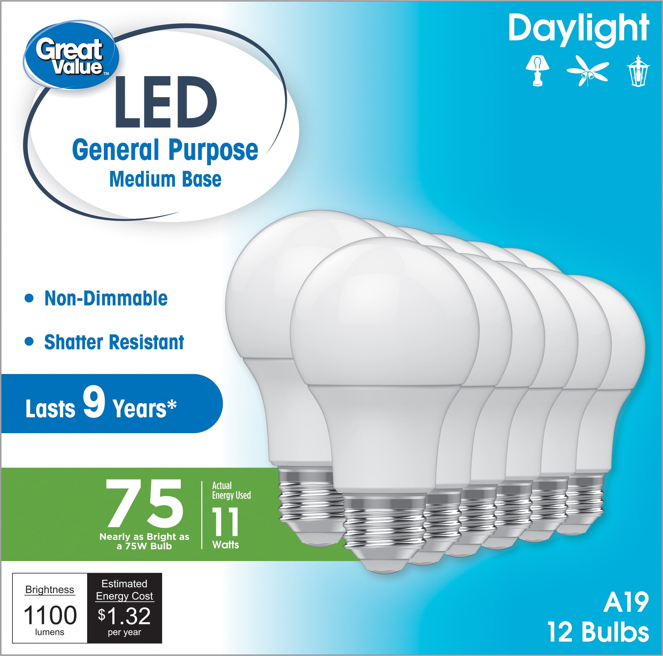 Great Value A19 LED Light Bulbs, 75 Watts Eqv, Daylight, General Purpose, 9yr, Medium Base, 12 pack
