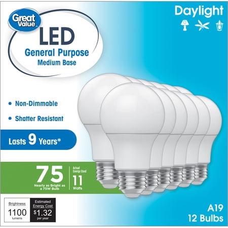 Great Value A19 LED Light Bulbs, 75 Watts Eqv, Daylight, General Purpose, 9yr, Medium Base, 12 pack