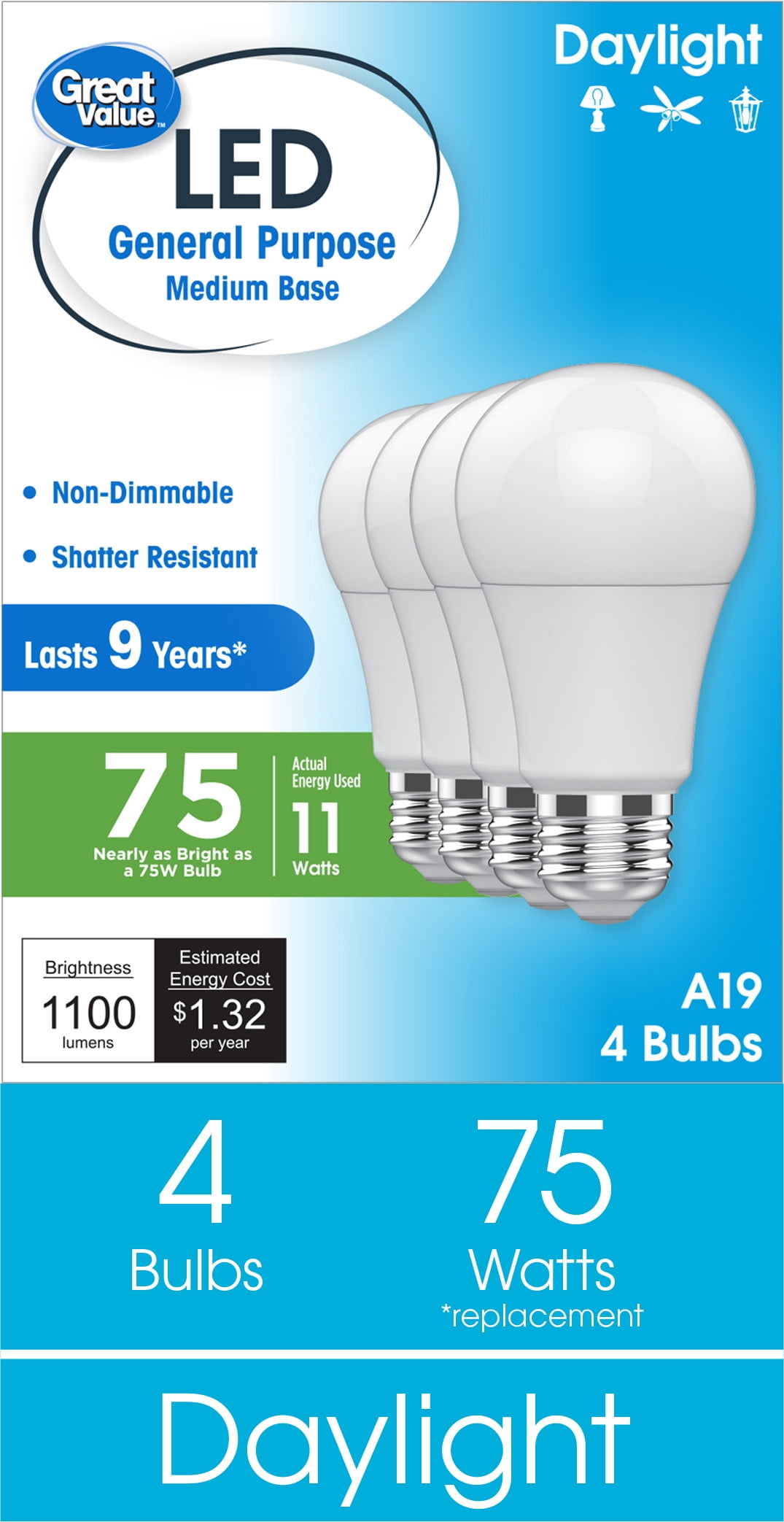 Great Value A19 LED Light Bulbs, 75 Watts Eqv, Daylight, General Purpose, 9yr, Medium Base, 4 pack