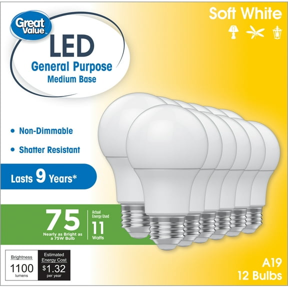 Great Value A19 LED Light Bulbs, 75 Watts Eqv, Soft White, General Purpose, 9yr, Medium Base, 12 pack