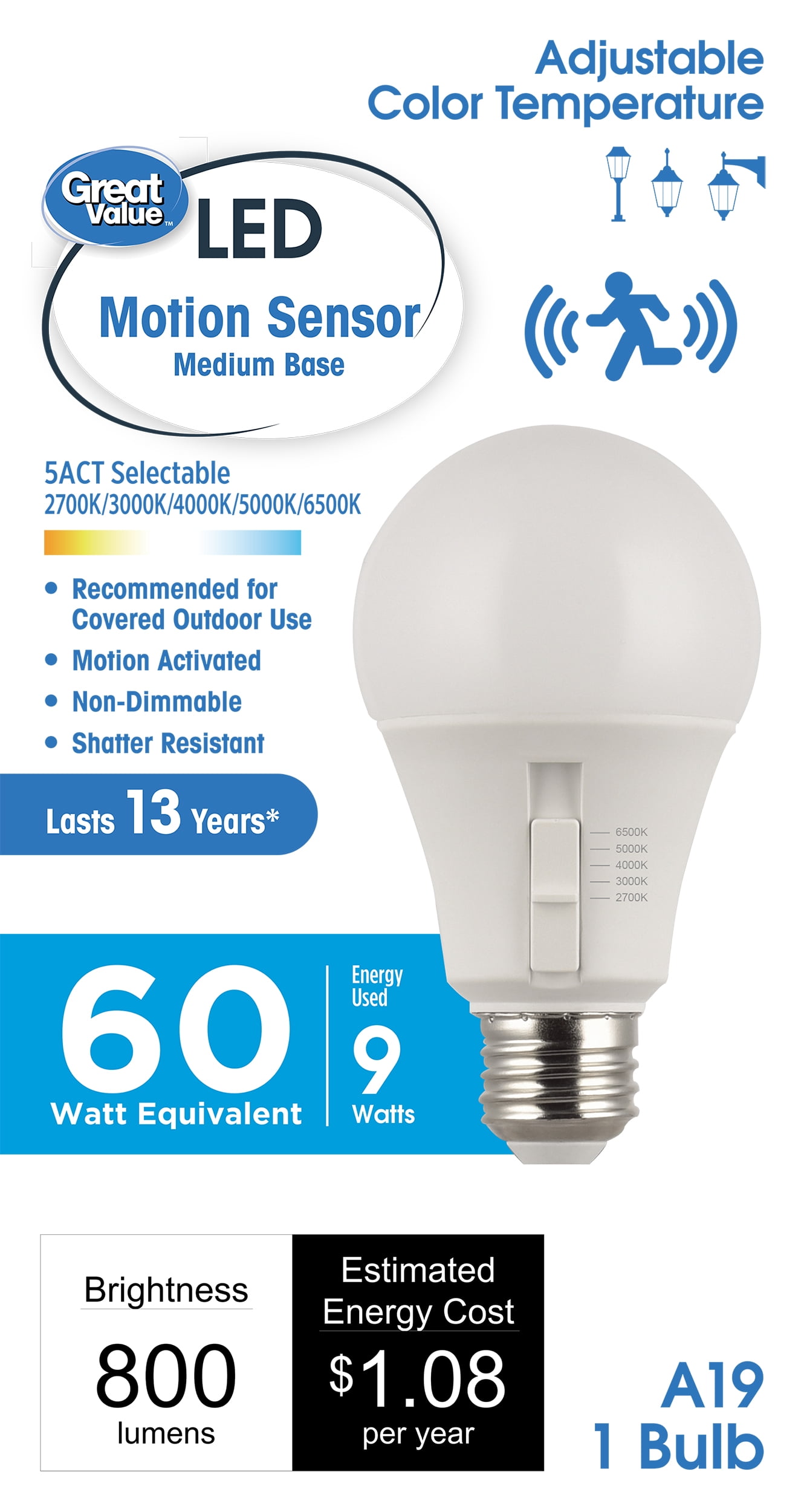 Great Value A19 LED Outdoor Radar Motion Sensor Bulb, Dusk to Dawn, 5 Selectable White Colors