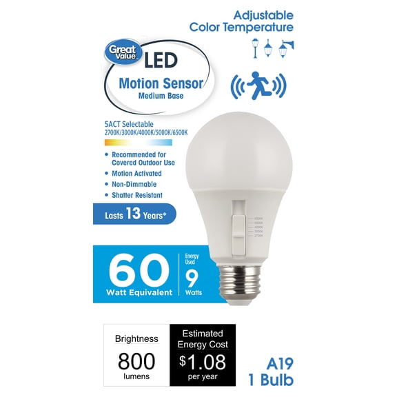 Great Value A19 LED Outdoor Radar Motion Sensor Bulb, Dusk to Dawn, 5 Selectable White Colors