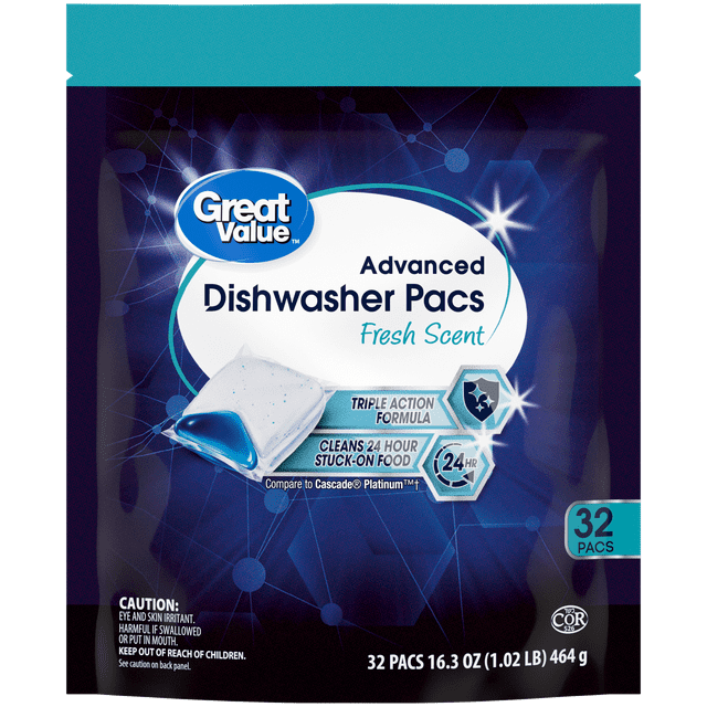 Great Value Advanced Automatic Dishwasher Pacs, Fresh Scent, 32 Count