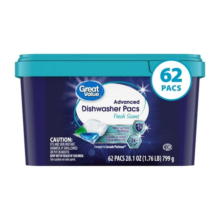 Great Value Advanced Automatic Dishwasher Pacs, Fresh Scent, 62 Count