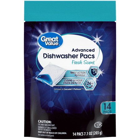 Great Value Advanced Dishwasher Pacs, Fresh Scent, 14 Count