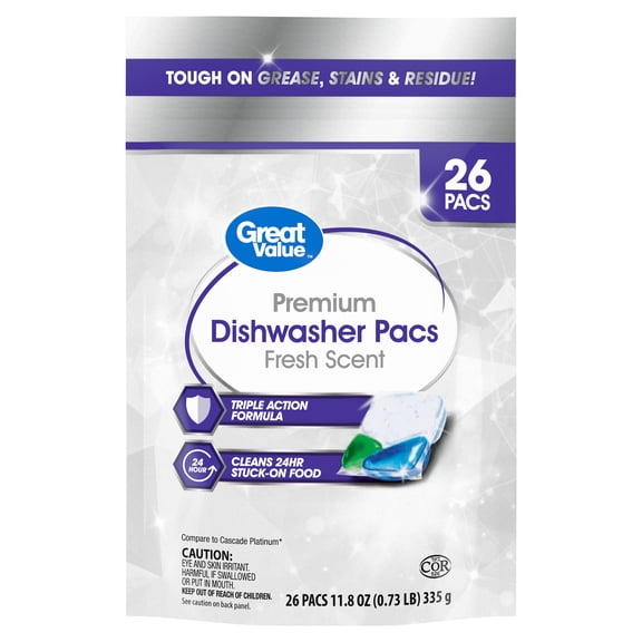 Great Value Premium Dishwasher Pacs, Fresh Scent, 26 Count