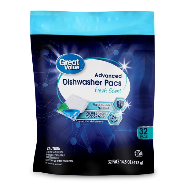 Great Value Advanced Dishwasher Pacs, Fresh Scent, 32 Count Walmart