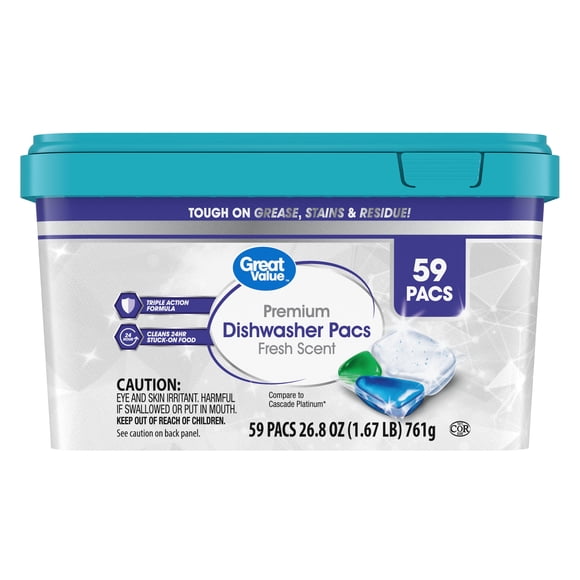 Great Value Premium Dishwasher Pacs, Fresh Scent, 59 Count