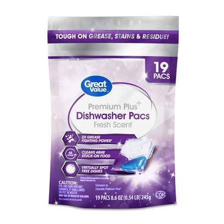 Great Value Premium Plus Dishwasher Pacs, Fresh Scent, 19 Count