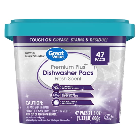 Great Value Premium Plus Dishwasher Pacs, Fresh Scent, 47 Count