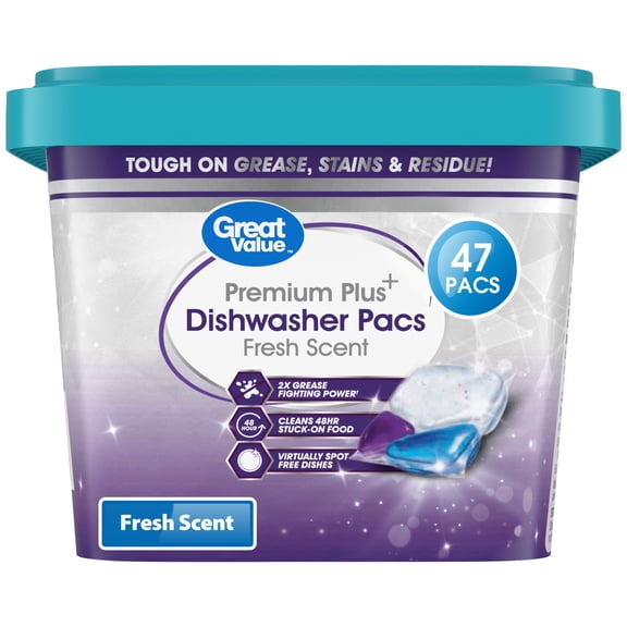 Great Value Premium Plus Dishwasher Pacs, Fresh Scent, 47 Count