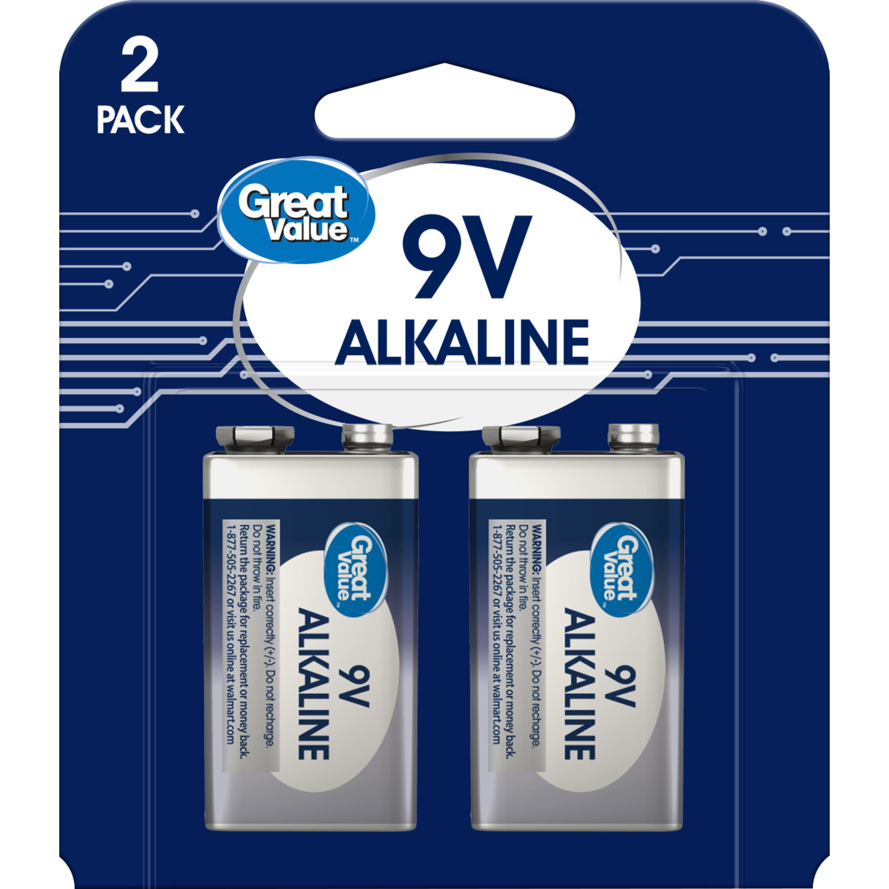 Great Value 9V Alkaline Batteries 2 Pack with 5-Year Storage Life for ...