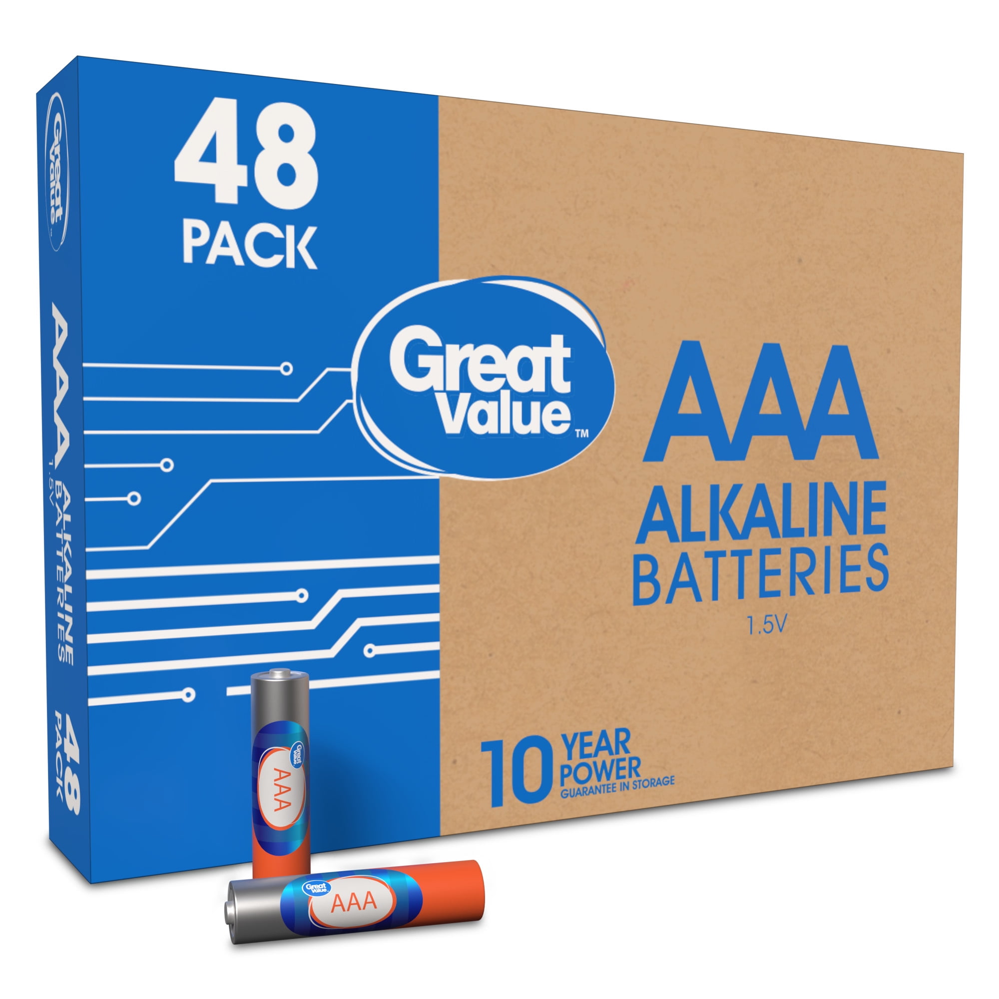 Great Value Alkaline AAA Batteries, 48 Pack, Reliable Power for Devices