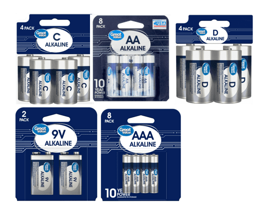Great Value Alkaline Batteries Starter Pack, D Batteries, C Batteries, 9V Batteries, AA Batteries, AAA Batteries