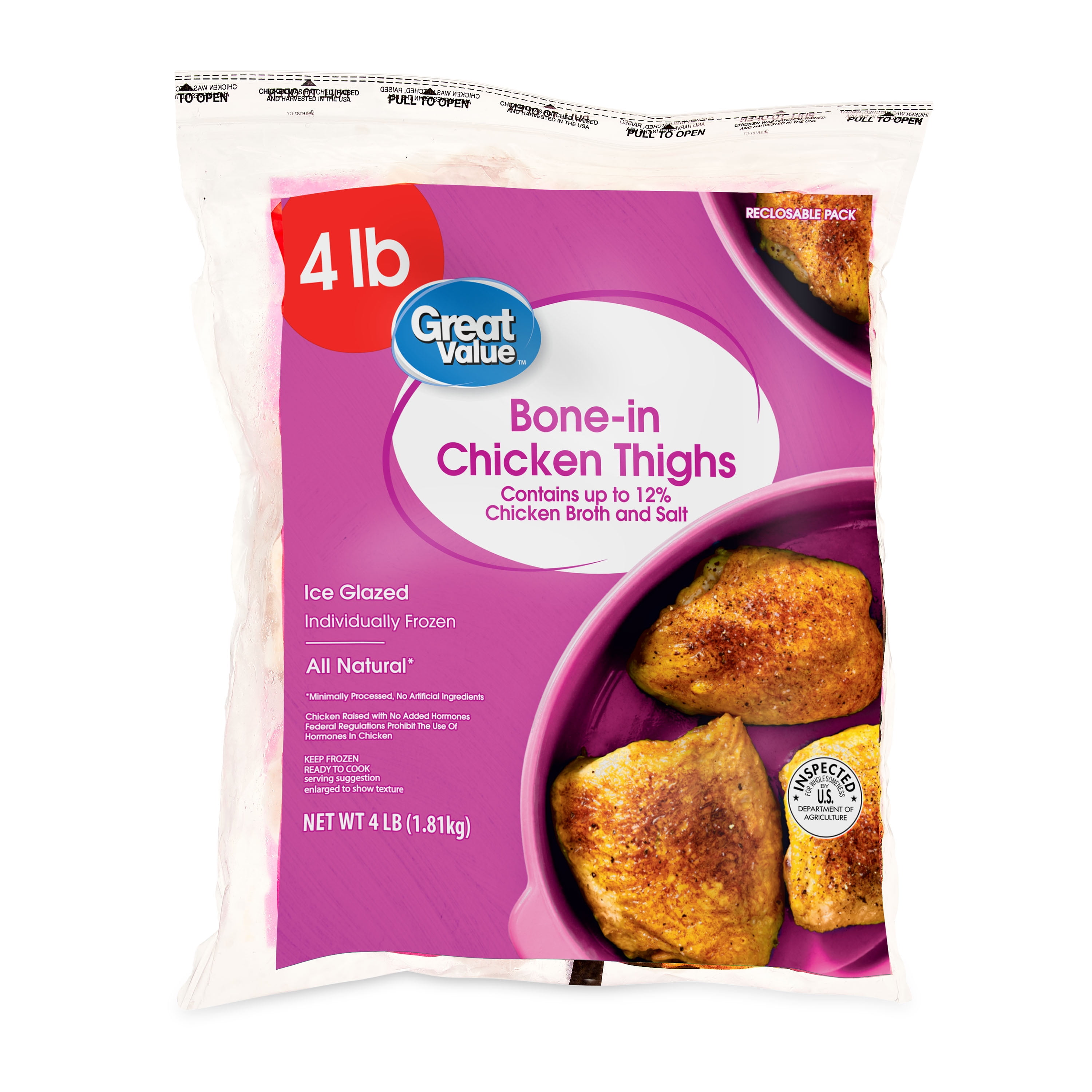 Great Value All Natural Skin-on Chicken Thighs, 4 lb (Frozen)